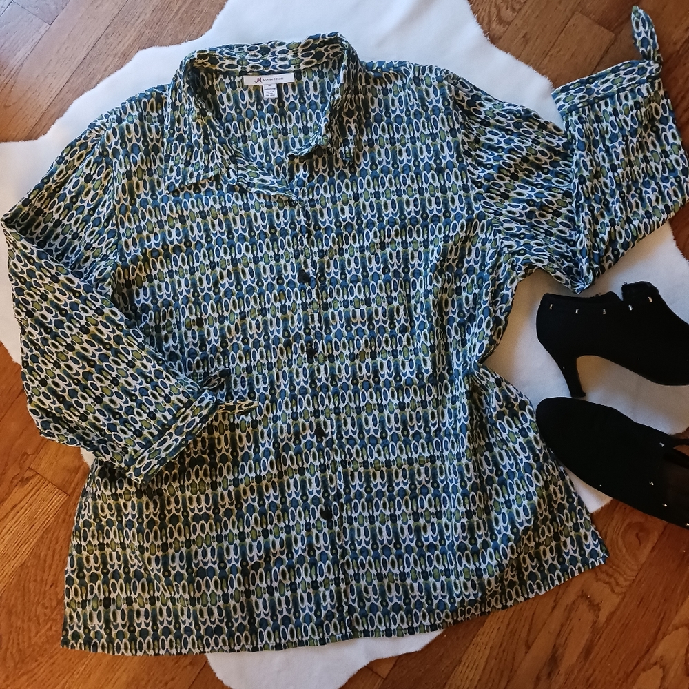 JM Collection • Women's Plus Size Crinkle Texture Button-Down Casual Tun…